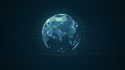 Digital data globe - abstract illustration of a scientific technology data network surrounding planet earth conveying connectivity, complexity and data flood of modern digital age