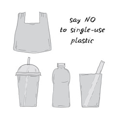 Say no to single-use plastic. Living plastic free. cups bags bottles straws. Black text, calligraphy, lettering, doodle by hand isolated on white background. Eco, ecology. Vector