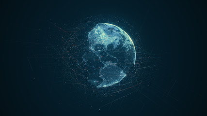 Digital data globe - abstract illustration of a scientific technology data network surrounding planet earth conveying connectivity, complexity and data flood of modern digital age