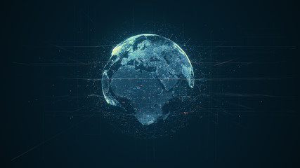Digital data globe - abstract illustration of a scientific technology data network surrounding planet earth conveying connectivity, complexity and data flood of modern digital age - obrazy, fototapety, plakaty