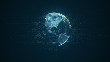Digital data globe - abstract illustration of a scientific technology data network surrounding planet earth conveying connectivity, complexity and data flood of modern digital age