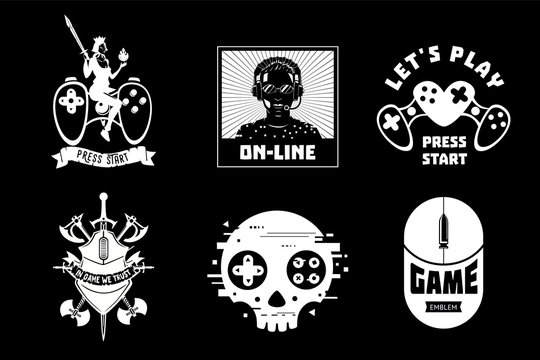 Video game vector emblem set. Gamer retro style signs collection. Cyber sport team insignia.