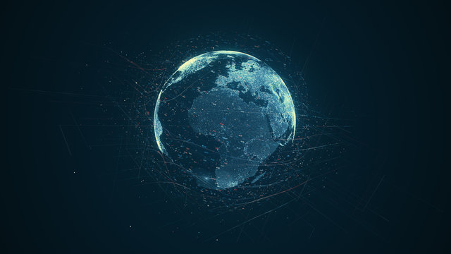 Digital data globe - abstract illustration of a scientific technology data network surrounding planet earth conveying connectivity, complexity and data flood of modern digital age