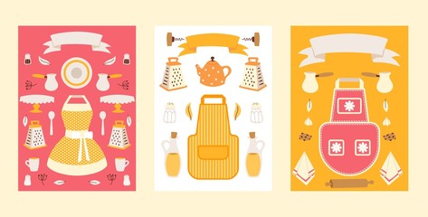 Isolated household icons on set of banners, kitchenware utensils, vector illustration. Flat style kitchen apron, cookware, grater, kettle and cup. Household store catalog cover, kitchenware shop