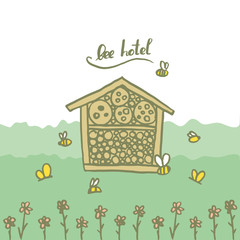 Bee hotel insect butterfly bug house, wooden object produced to mimic the solitary bees natural breeding nests. Doodle by hand green brown white background. Applicable for Banners Poster. Vector