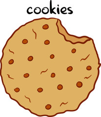 simple minimalistic cookie label with an image of oatmeal cookies with milk brown chocolate, handwritten, design for packaging, cans, cafes, bakeries, restaurants, bars, menus, business concept