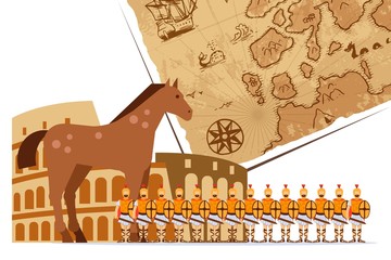 Army of Roman empire, infantry soldiers, old map and horse, vector illustration. History, architecture and culture of Roman empire. Colosseum and soldiers of legion in uniform, flat cartoon style