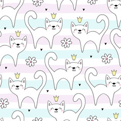 Hand drawn seamless vector pattern with cute cats in a crown. Vector background print.