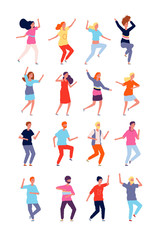 Fototapeta na wymiar Dancing characters. Young persons in action poses at funny party vector characters flat style. Action people music, celebration and dance illustration