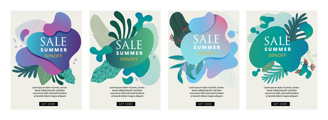 Summer sale cover design, Sale banner template with liquid shape, Organic shape, Memphis design element, Tropical leaf, flower, floral decoration, minimal trendy style for holiday and sale season.