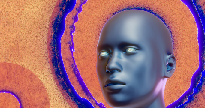 metalligblauer Kopf einer Frau mit Augen als Universum, kreativer, abstrakter Hintergrund