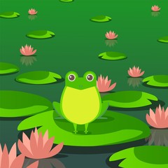 Cute frog in pond, sitting on leaf of water lily, vector illustration. Happy animal cartoon character, lovely toad in swamp. Waterlily flowers and funny little frog flat style, nature flora and fauna