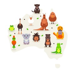 Animals of Australia, cute cartoon characters in flat style, vector illustration. Set of isolated funny animals, symbols of Australia. Kangaroo, koala, platypus, wombat and ostrich. Native wildlife