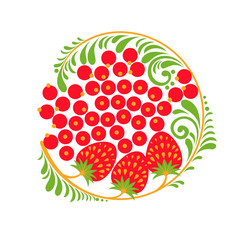 Hohloma vector decor element with berries and leaves isolated on white background.