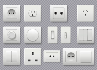Wall switch. Power electrical socket different modern round switches vector realistic collection. Power electricity, outlet european and american illustration - obrazy, fototapety, plakaty