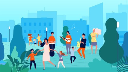 Street musicians. Musical fest, family dancing. Parents and children having fun with music vector illustration. Street music, instruments concert on air