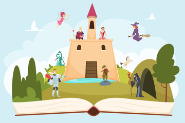 Open fairy tale book. Fantasy background with funny mascot princess knight wizard witch vector cartoon landscape on pages. Princess and medieval fairytale, knight and tower illustration © ONYXprj