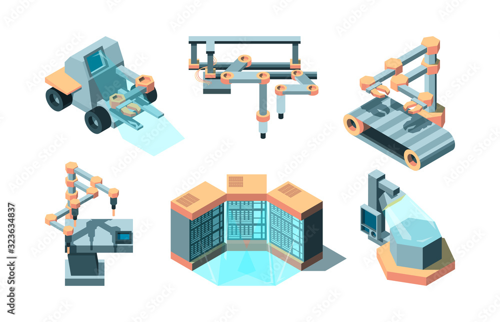 Poster smart industry isometric. machine future robotic technologies computing 3d remote production vector 