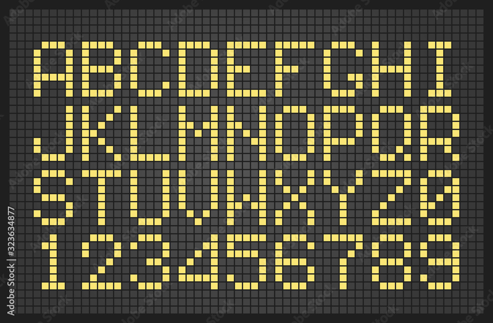 Poster Digital letters. Cyber clock font template for display boards vector numbers and letters. Board alphabet, number electronic, panel airport illustration