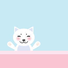 funny Kawaii cat face with pink cheeks, pastel colors white blue pink lilac background. Can be used for greeting card design, frame for your text. Vector