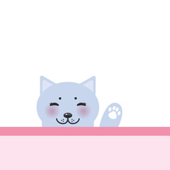 funny Kawaii cat face with pink cheeks, pastel colors white blue pink lilac background. Can be used for greeting card design, frame for your text. Vector