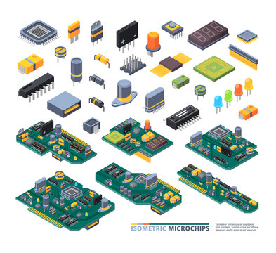 Electrical boards isometric. Hardware items computer power diodes semiconductors and small chip vector equipment set. Illustration hardware isometric electrical, electronic power technology