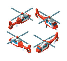 Obraz na płótnie Canvas Helicopter isometric. Low poly avia transport different point views vector collection. Illustration helicopter transportation, fly machine isometry