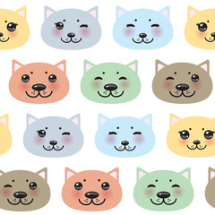 Seamless pattern funny Kawaii cat face with pink cheeks, pastel colors blue pink lilac isolated on white background. Can be used for greeting card design, Gift wrap, fabrics, wallpapers. Vector