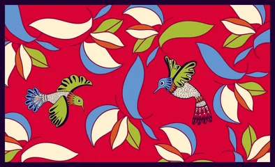 Foto auf Leinwand Colorful design for tapestry, rug, cover, carpet, shawl. Two decorative birds fly among the leaves. Red nature background with ornamental plants. Nature wallpaper template. Vector design for baby mat © sunny_lion