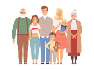 Fototapeta premium Happy family. Mother father kids and grandparents standing together vector big family portrait. Father and mother, family with children illustration