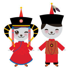 Mongolian boy and girl in red national costume and hat. Cartoon kawaii cat in traditional dress. isolated on white background. Vector