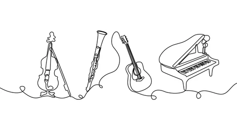 Deurstickers Continu één lijntekening. Klassieke muziekinstrumenten. Vectorillustratiereeks viool, klarinet, akoestische gitaar en piano. © ngupakarti