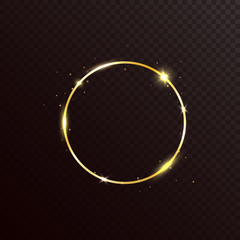 Gold glitter circle frame with light effect. Golden bright banner on dark transparent background. Luxury glowing frame with sparkles and stars. Vector illustration