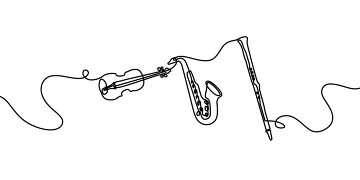 Jazz music instrument. One line drawing of saxophone, violin, and clarinet. Minimalism style vector illustration, simplicity design.