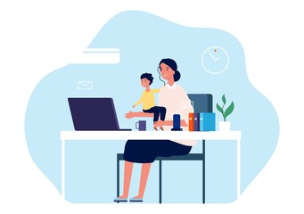 Mother working. Young woman with baby sitting at desk and computer. Freelance worker, motherhood or parenthood and career vector illustration. Mother work at computer laptop with baby