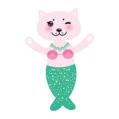 fantasy cat mermaid funny Kawaii face with pink cheeks, pastel colors green pink isolated on white background. Can be used for greeting card design, frame for your text, copy space. Vector
