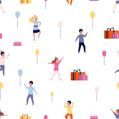 Fototapeta premium Party pattern. Happy children background. Birthday with cake, gifts and balloons. Jouful kids vector seamless texture. Cake and party, birthday gift pattern illustration
