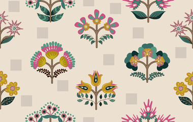 Floral seamless pattern. Decorative small flowers wallpaper. Nature background. Floral template, symmetric elements. Design for fabric, wrapping paper, cover, textile, print, rug - 323636457