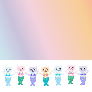 fantasy cat mermaid funny Kawaii face with pink cheeks, pastel colors white blue pink lilac background. Can be used for greeting card design, frame for your text, copy space. Vector