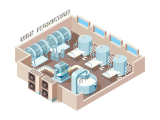 Dairy food factory. Automation industrial milk production bottling equip lines vector isometric factory interior. Factory food milk, dairy manufacturing illustration
