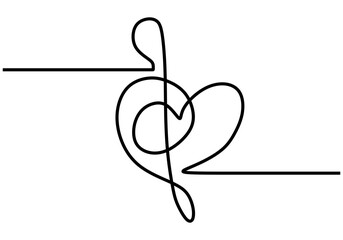 Continuous one line drawing. Heart love sign with music symbol.