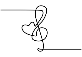 Continuous one line drawing. Heart love sign with music symbol.