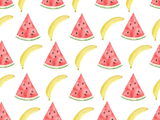 Watercolor vector seamless pattern of banana and watermelon.