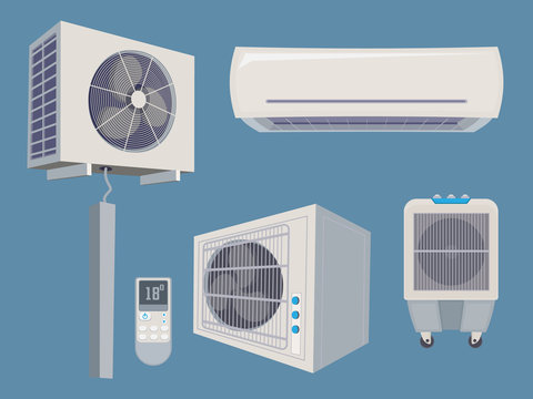 Conditioner Set. Air Condition Wind System Ventilation Vector Cartoon Collection Home Smart Items. Illustration Conditioning System, Air Cooling, Ventilation Equipment