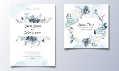 Fototapeta na wymiar Navy blue floral wedding invitation card template with golden leaves and watercolor frame