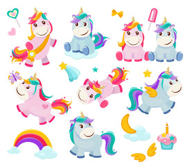 Cartoon unicorn. Cute funny fairytale characters magic pony happy animals vector illustrations. Unicorn horse, pony and rainbow, happy funny magic character