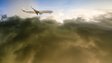 High-altitude airplane and beautiful sky at dusk