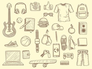 Teenage stuff. Young boys and girls clothes and gadgets teenage modern wardrobe vector drawn collection. Teenager drawing clothes and things, glasses and guitar illustration