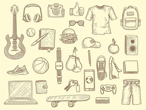 Teenage stuff. Young boys and girls clothes and gadgets teenage modern wardrobe vector drawn collection. Teenager drawing clothes and things, glasses and guitar illustration