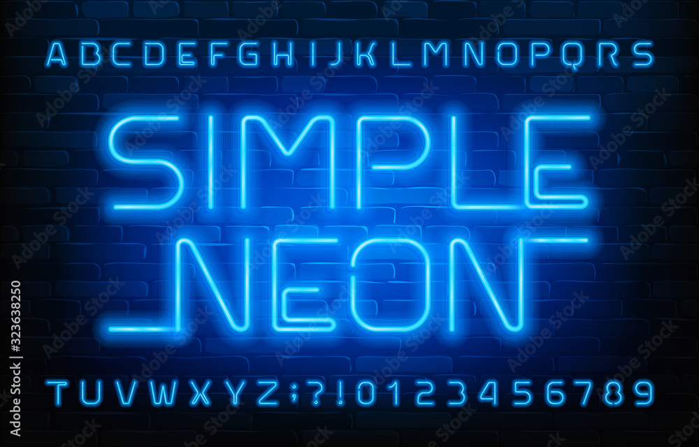 Fototapete simple neon alphabet font. blue light letters and numbers. brick wall background. stock vector typef